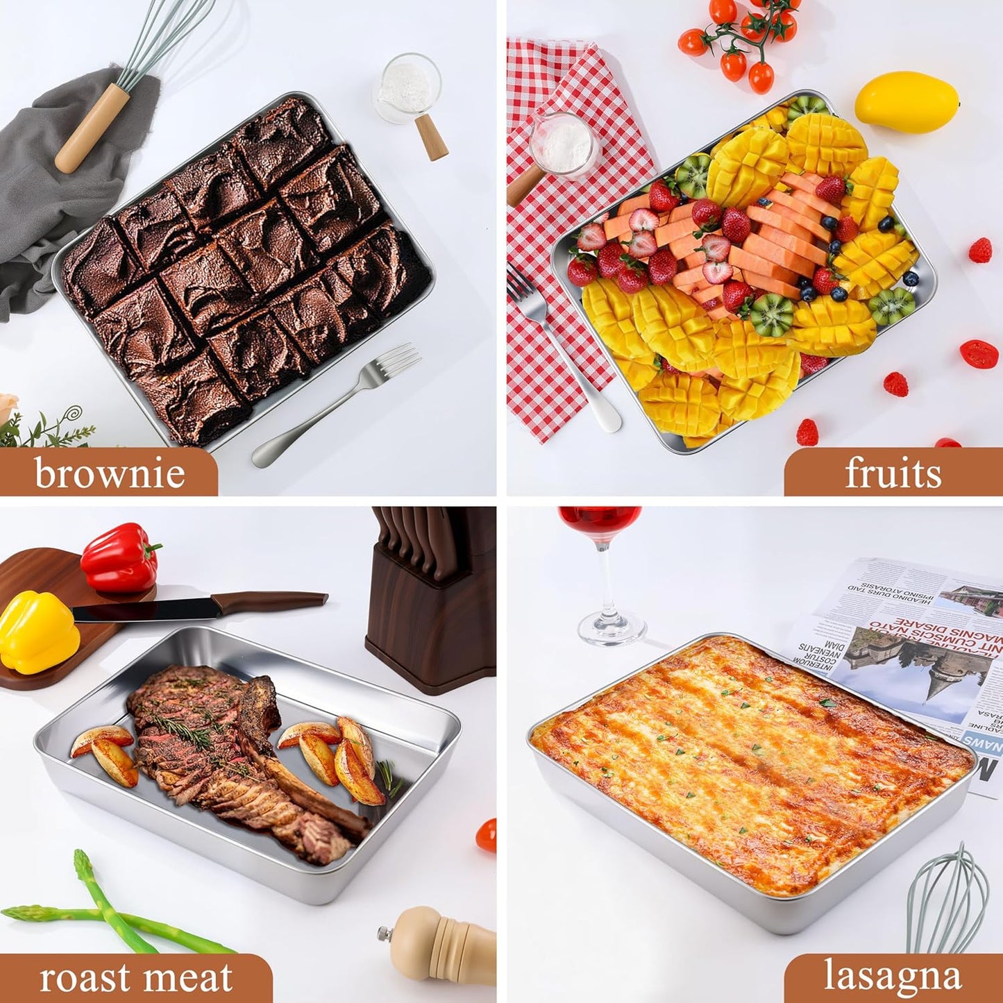 LIANYU 12⅓ x 9¾ x 2 Inch Baking Cake Pan, Rectangle Bakeware for Lasagna Brownies Casseroles, Stainless Steel Toaster Oven Pan, Dishwasher & Oven Safe