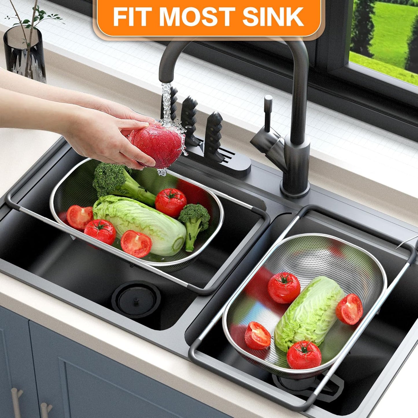 Over the Sink Colander - Strainers and Colanders - Sink Strainer Basket - Expandable Fine Mesh Strainer with Rubber Grip for Veggie, Fruits, Pasta, Home Kitchen Essentials (9.5W x 13.4-21.3L x 3.3H)