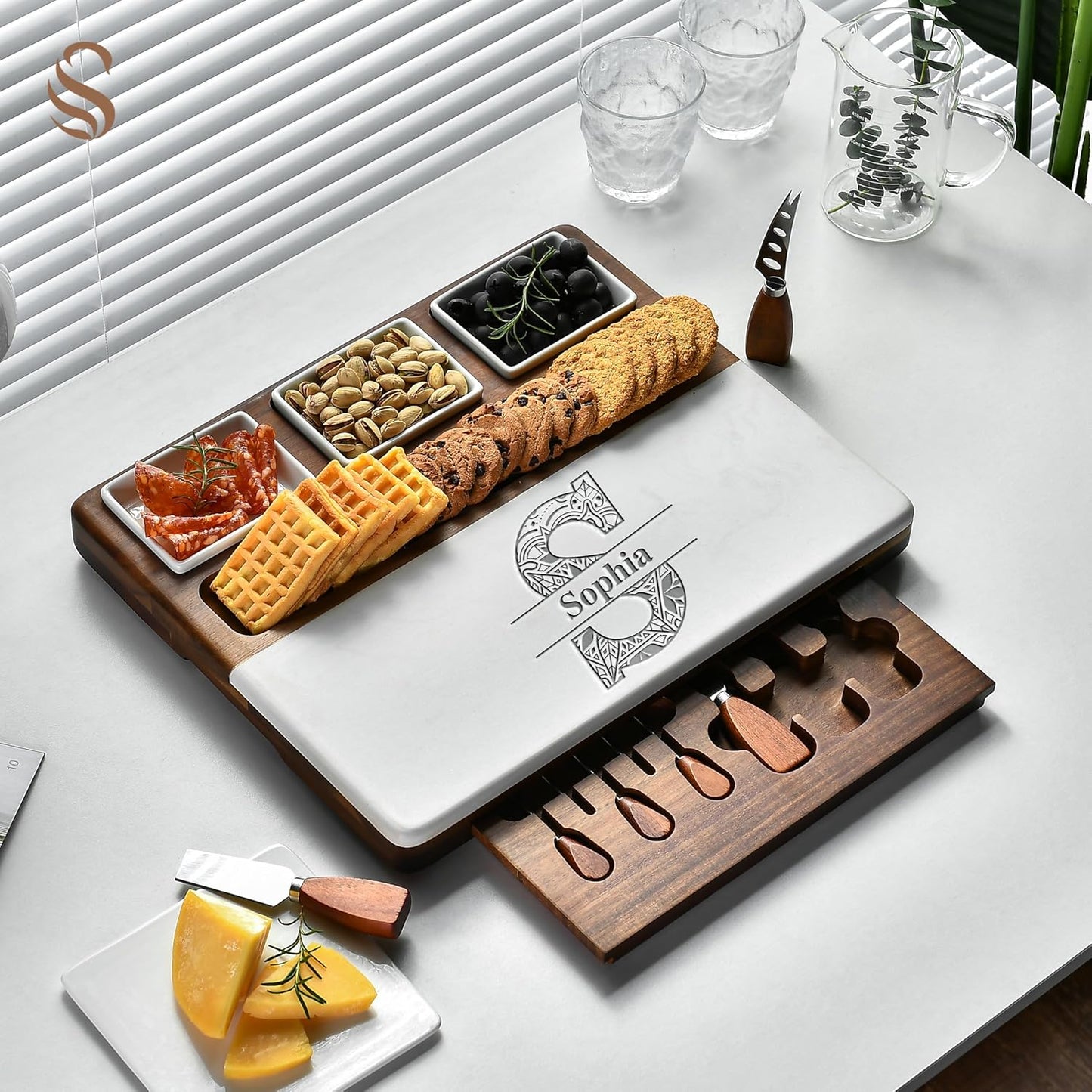 Shanik Wood - Marble Cheese Board Set with 3 Ceramic Bowls - Stainless Steel Cutlery Set, Charcuterie Board & Gift for Any Occasion (with Engraving)