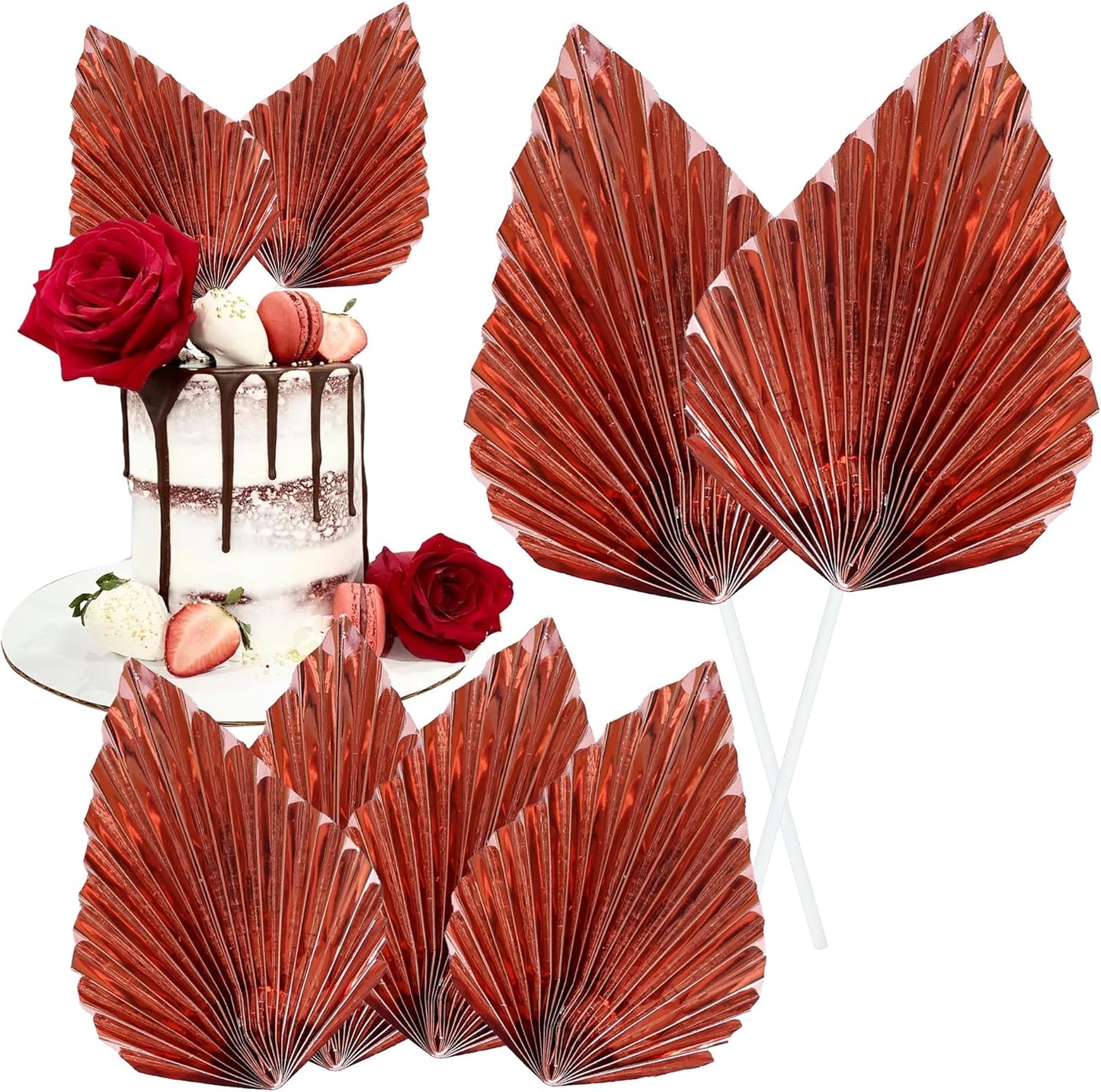 Gyufise 6Pcs Paper Palm Fan Cake Toppers Palm Spear Leaves Fan Cupcake Toppers Cake Insert Decorations Craft DIY Cake Bakeware Decoration for Birthday Wedding Party Supplies Light Rose Gold