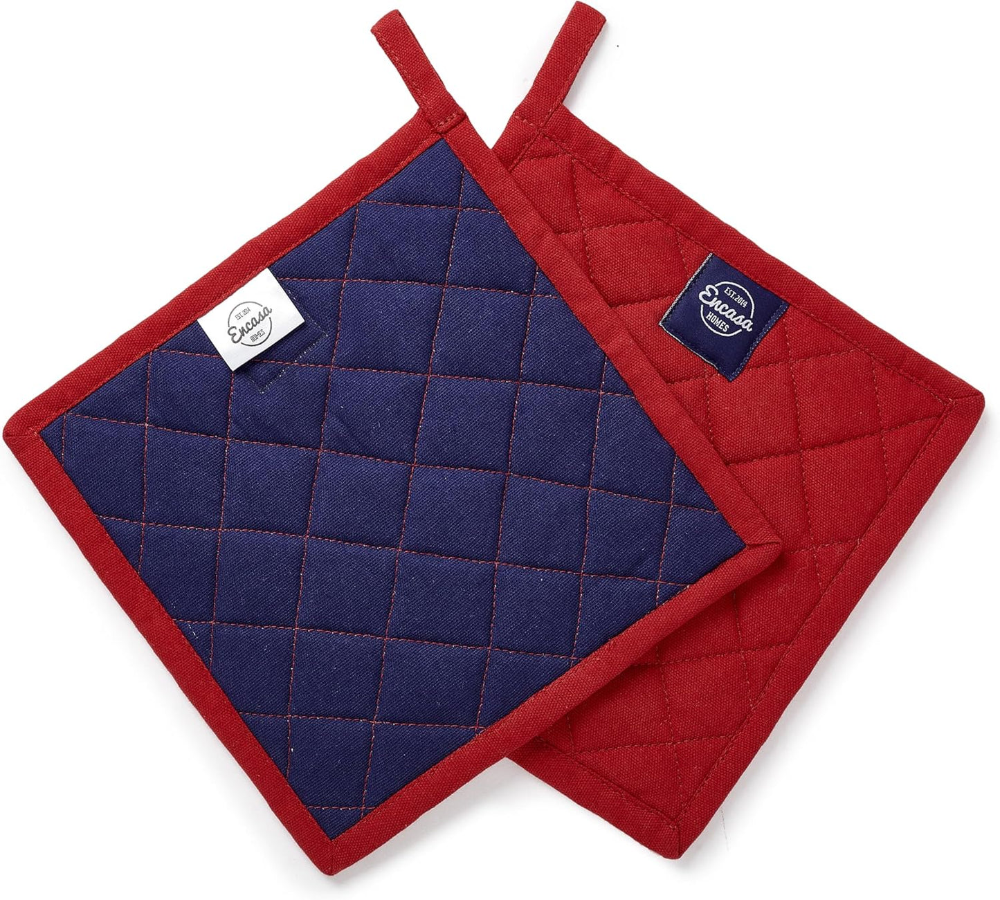 Encasa XO Heat Resistant Cotton Pot Holders with Hanging Loop - Set of 2 - Red - Multipurpose Quilted Everyday Hot Pad for Kitchen, Camping, BBQ & Microwave - 8x8 in