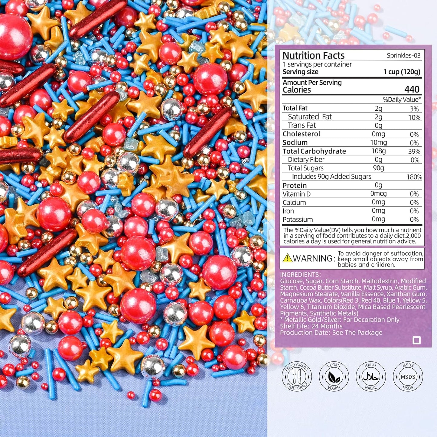 Cobakey Patriotic Sprinkles for Baking, 4th of July Sprinkles With Gold Star, Perfect for Independence Day Dessert Party 4.23 Ounce