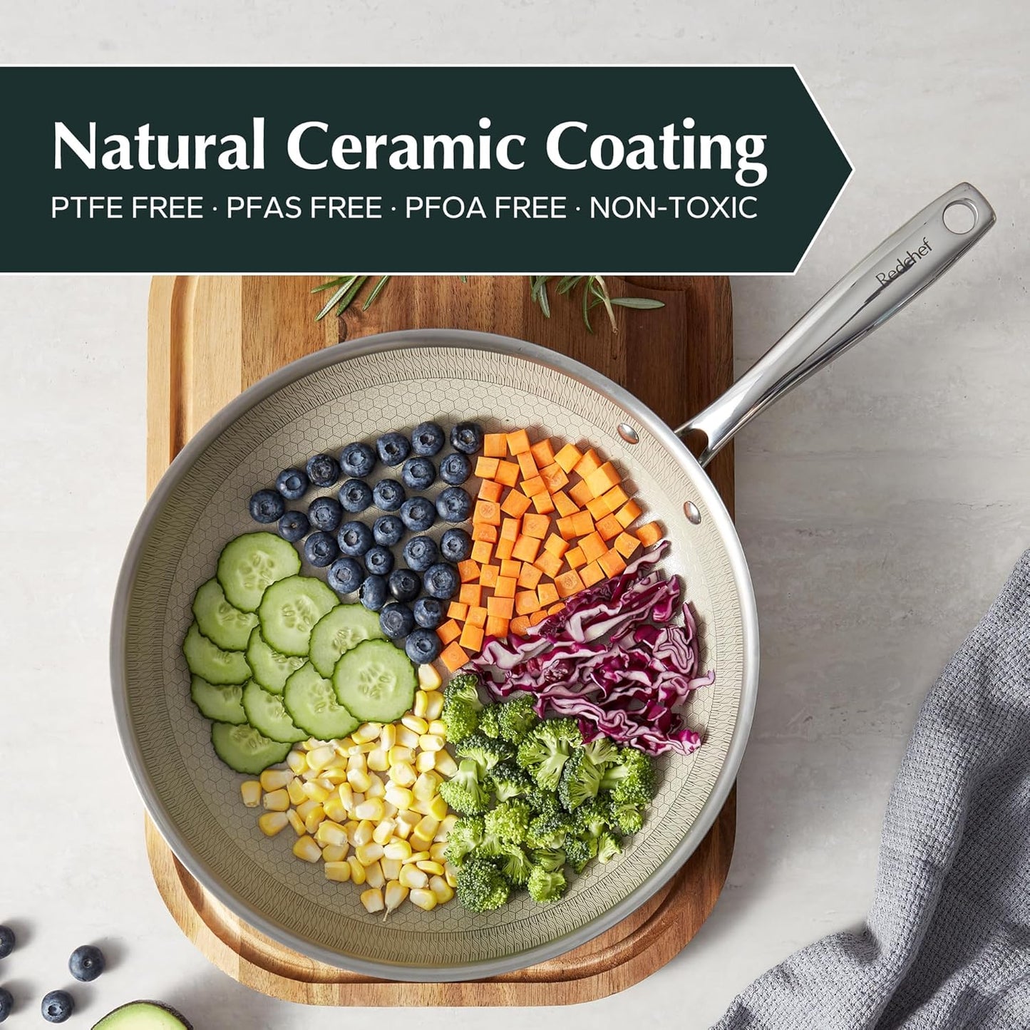 Redchef Hybrid Nonstick Frying Pan 8-Inch with Stainless Steel Stay-Cool Handle, Tri-Ply Stainless Steel & Aluminum Ceramic Coating Egg Pan, Dishwasher & Oven Safe, Induction Compatible, All Cooktops