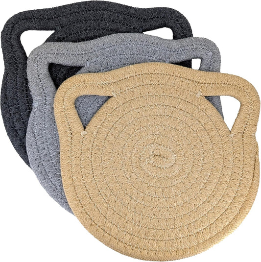 7” Cat Trivet 3 Piece Set - Sturdy Thick Cotton Hot Pad Placemat - for Kitchen and Dining - Cute Kawaii Kitten Design - Kitchen Accessory Gift (Gray & Beige)