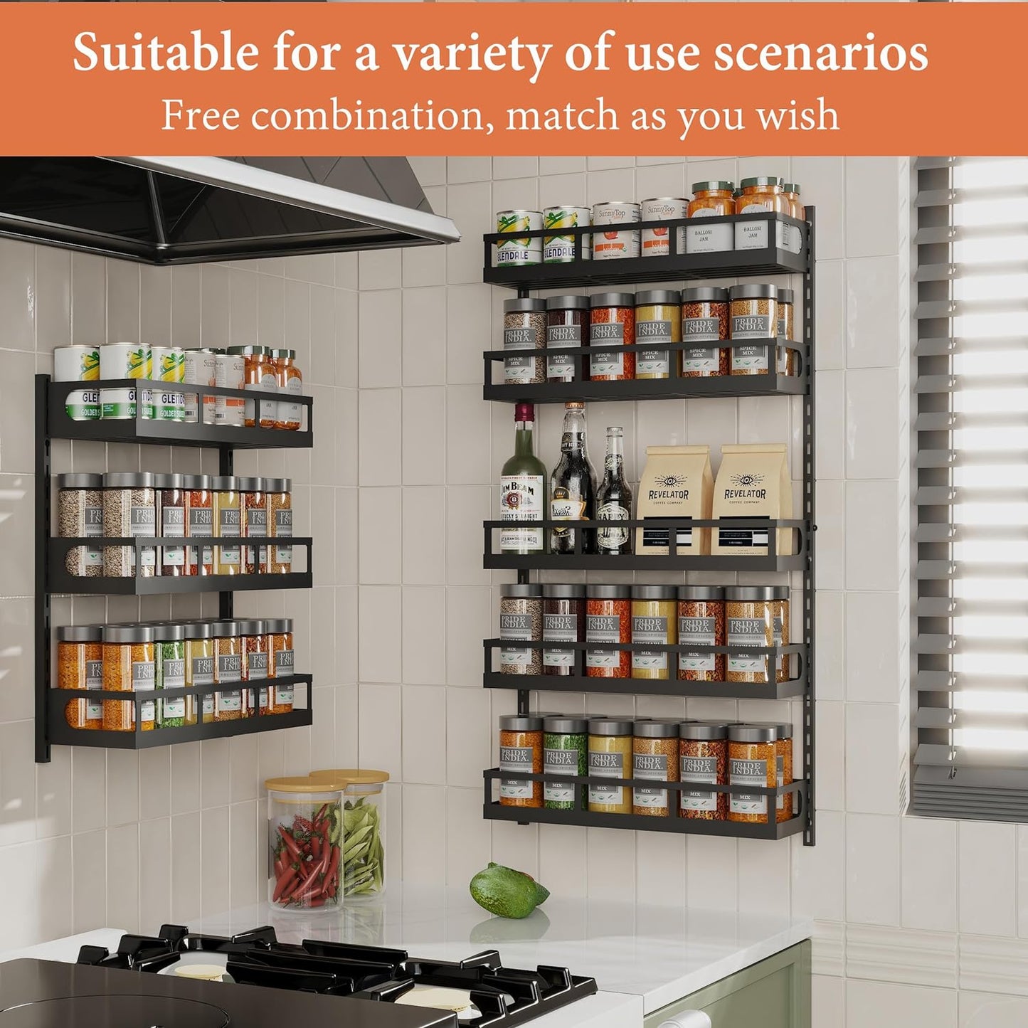 X-cosrack Wall Mount Spice Rack Organizer 5 Tier Height-Adjustable Hanging Spice Shelf Storage for Kitchen Pantry Cabinet, Dual-Use Seasoning Holder Rack with Hooks, Black-Patented