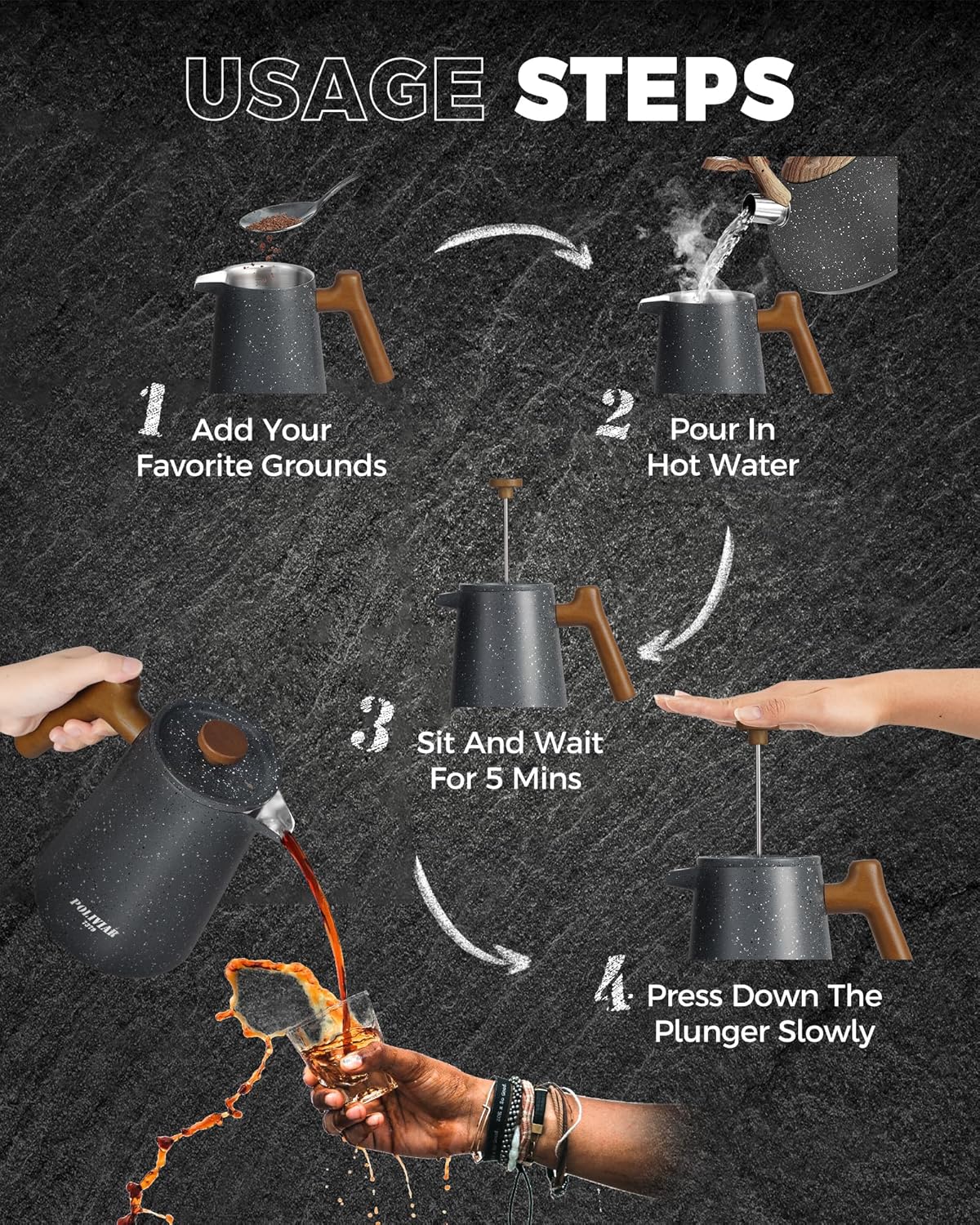 POLIVIAR French Press Coffee Maker, 34 oz Coffee Press with Real Wood Handle, Double Wall Insulation & Dual-Filter Screen, Food Grade Stainless Steel for Good Coffe and Tea, JX2025-XFPG