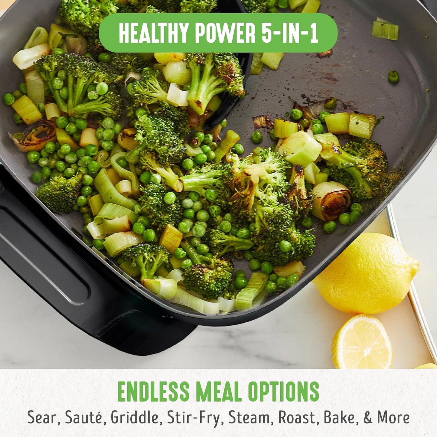 GreenLife 12" 5QT Square Electric Skillet, Glass Vented Lid, Ceramic PFAS-Free Nonstick Coated Interior, Adjustable Temperature Control, Cool Touch Handles, Quick Even Heating, Scratch Resistant,Black