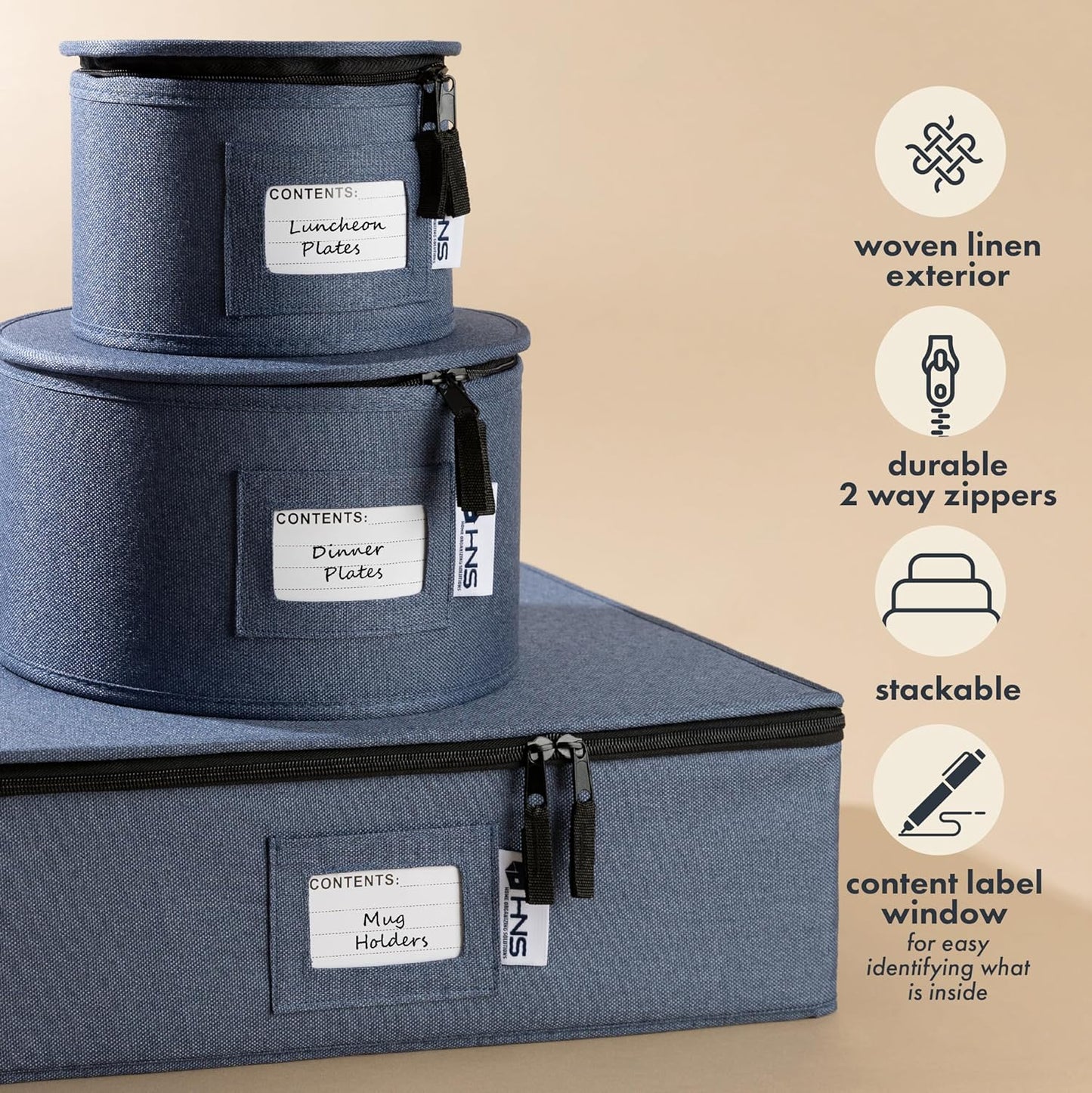 Hard Shell China Storage Containers 5-Piece Set Moving Boxes for Dinnerware, Glasses, Plates, Mugs and Saucers Sturdy Dish Organizer with Dividers for Seasonal Storage - Service for 12 - Denim Blue