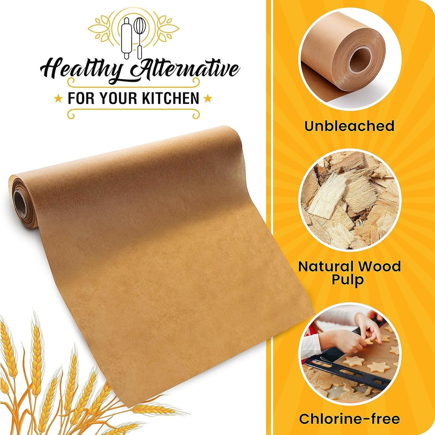 Unbleached Parchment Paper for Baking – 2-Pack 520 Sq.Ft Total - 15 in x 210 ft Baking Paper Roll with Cutter, Non-Stick Brown Parchment for Baking, Cooking, Grilling, Steaming by Baker’s Signature