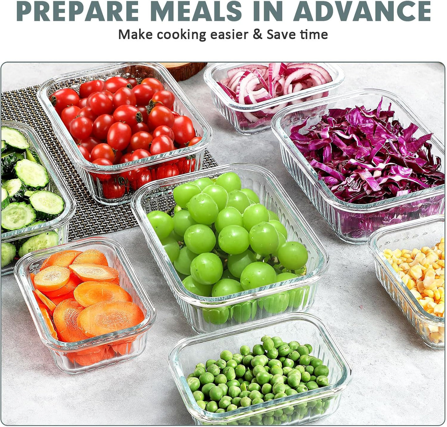 KOMUEE 10 Packs Glass Meal Prep Containers with Lids, Glass Food Storage Containers Set, Airtight Lunch Containers, Microwave, Oven, Freezer and Dishwasher Safe, Gray