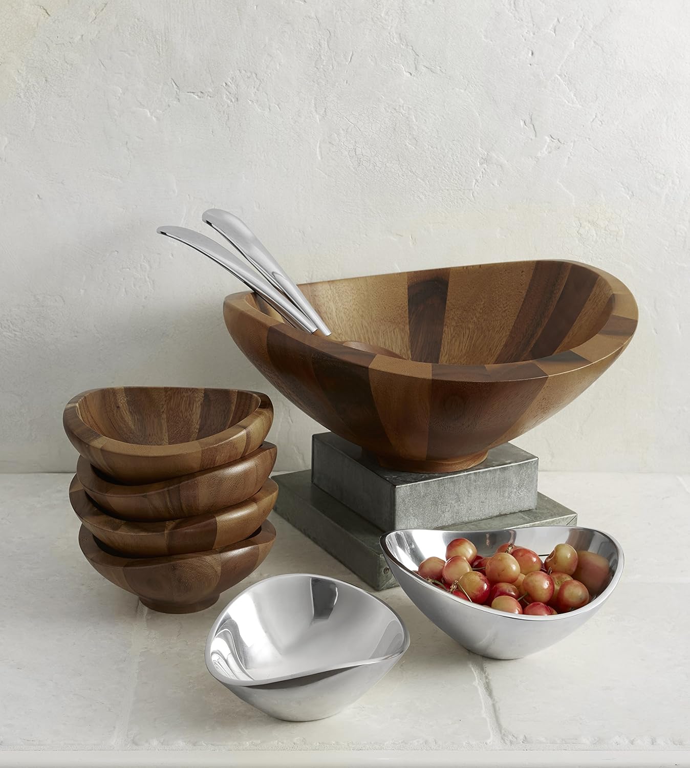 Nambe Butterfly Acacia Wood Salad Bowl with 2 Salad Servers | Made of Acacia wood Alloy | Large Deep Wooden Bowls | Acacia Wood Salad Bowl Set | Designed by Sean O’hara (16-in)