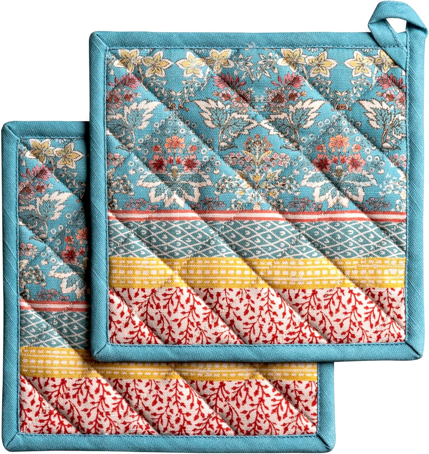 Maison d' Hermine Pot Holders Set 100% Cotton Heat Resistant Potholders 8" x 8" Hot Pads with Loop BBQ, Cooking, Baking, Grilling, Kitchen, Handling Hot Pans Spring/Summer (Pack of 2, Marquise)