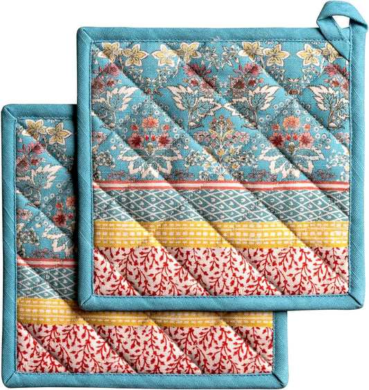 Maison d' Hermine Pot Holders Set 100% Cotton Heat Resistant Potholders 8" x 8" Hot Pads with Loop BBQ, Cooking, Baking, Grilling, Kitchen, Handling Hot Pans Spring/Summer (Pack of 2, Marquise)