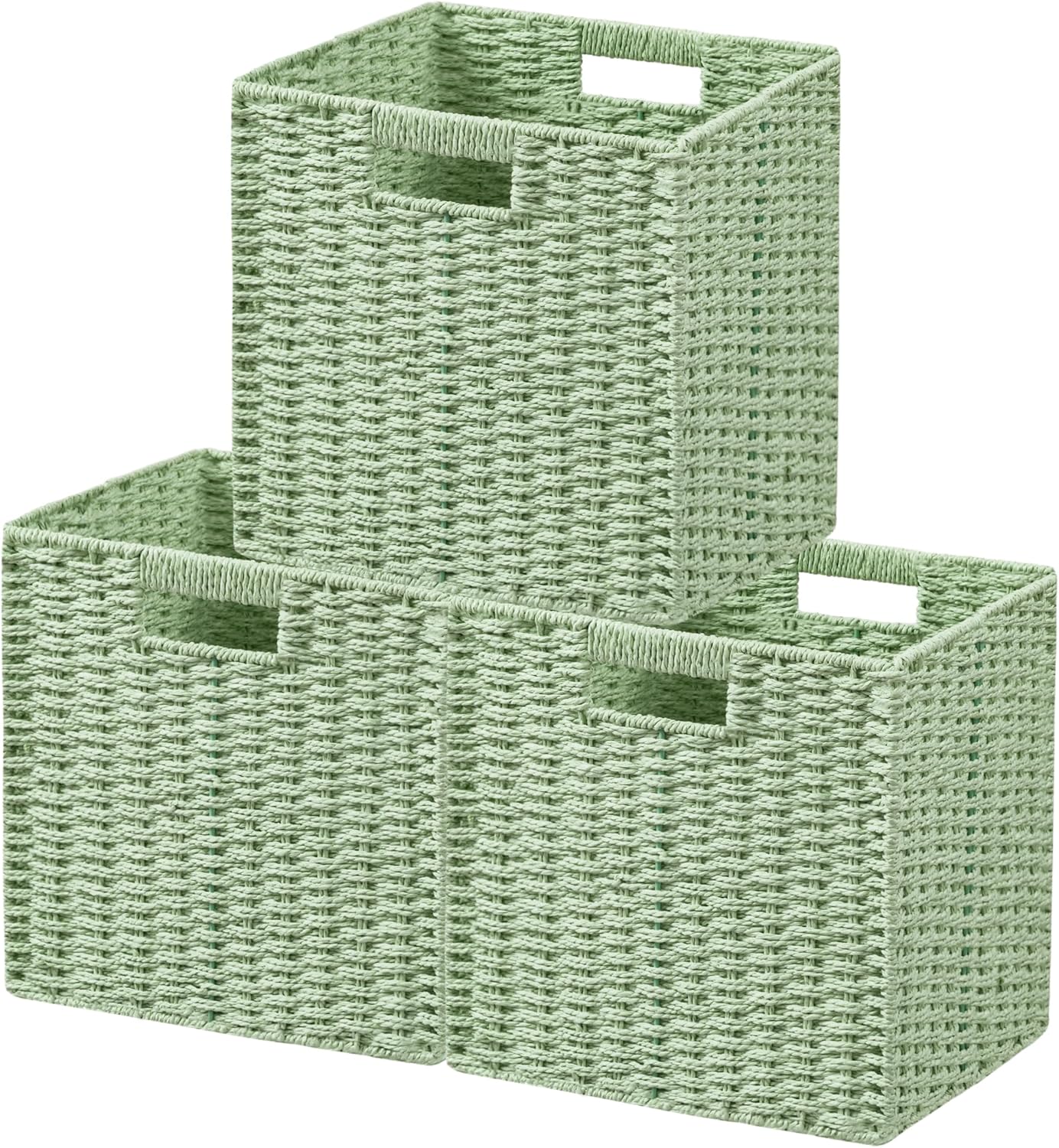 UBBCARE 3 Pack Wicker Basket, 11L×11H×10.5W inch Woven Paper Rope Storage Baskets for shelves, Foldable Cube Storage bin with Handle, Storage Basket for Organizing & Decor, Green