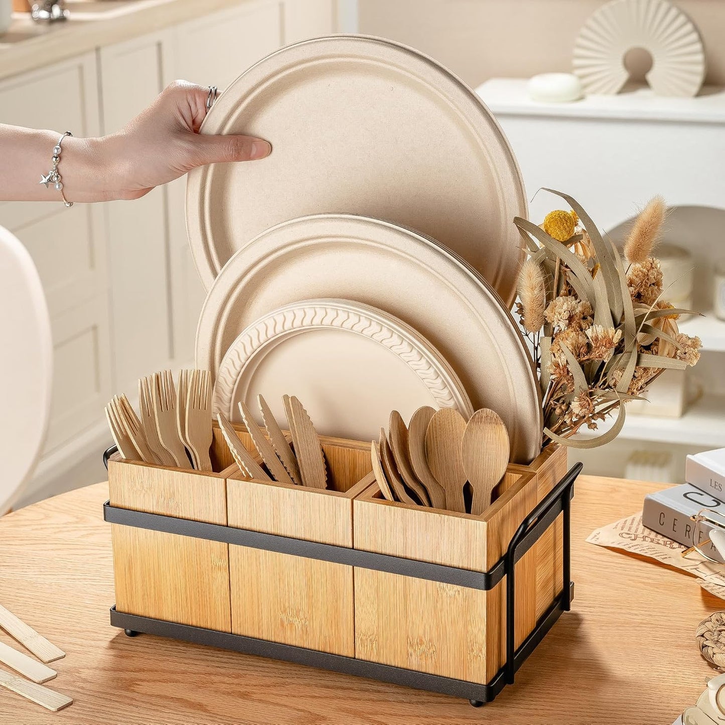 PTSTING Silverware Caddy Wood Utensil Holder Paper Plate Dispenser Silverware Utensil Caddy Cutlery Flatware Organizer Box for Spoons Forks Plates Napkins