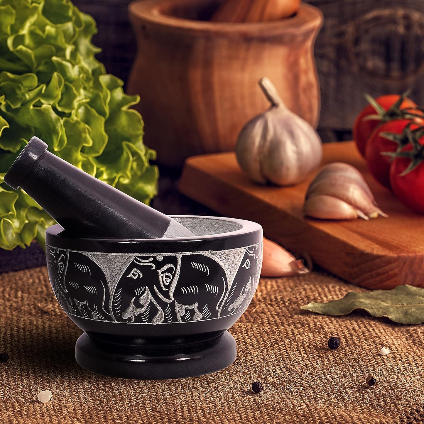 Mortar and Pestle, Made of Heavy Duty Polished Hard Stone, Natural Stone Grinder for Spices, Pastes, Herbs, Seasoning etc. (Elephant)