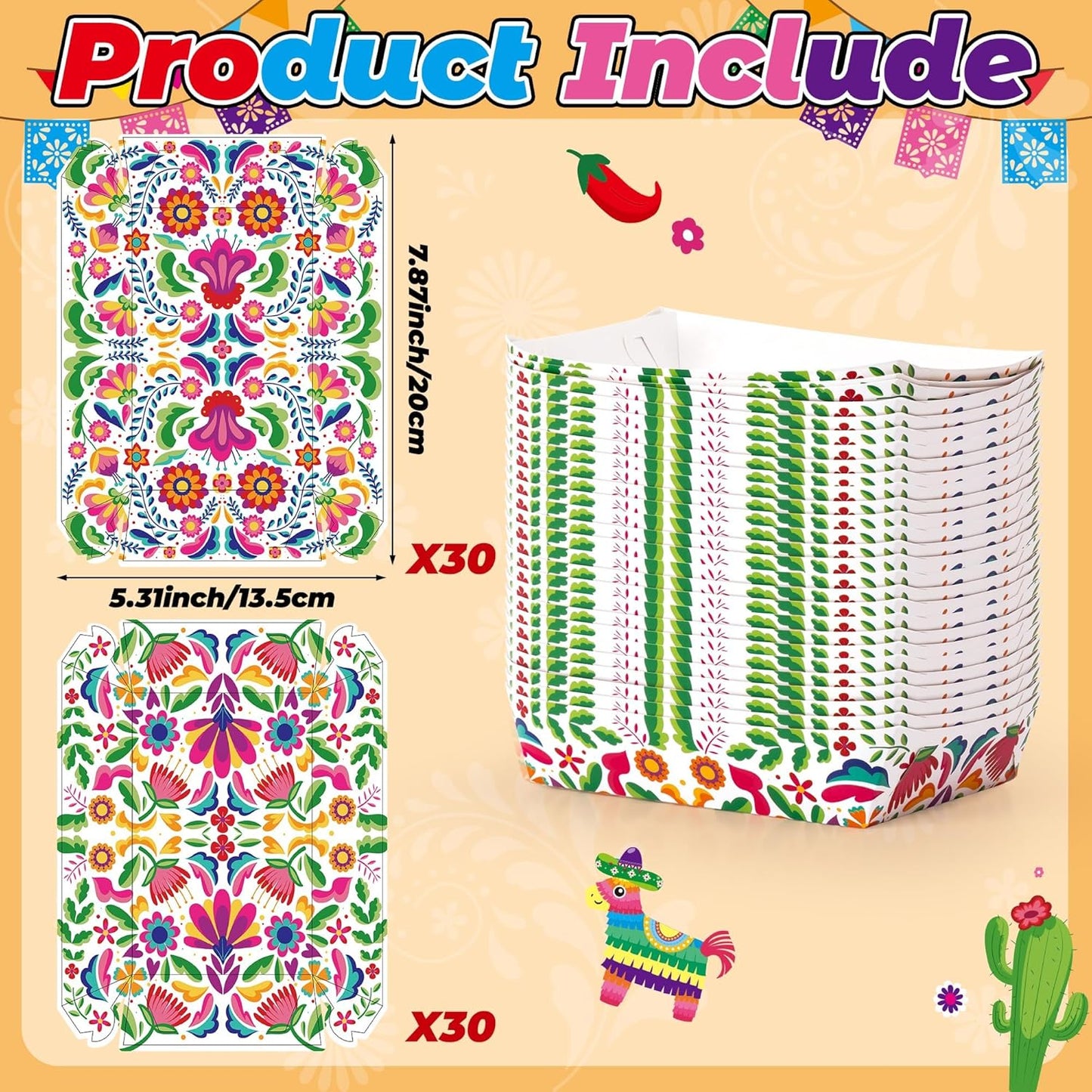 Mexican Taco Nights Food Trays - 60P Hispanic Heritage Month Flowers Unassembled Trays Nacho Snack Candy Holder Disposable Paper Plates Birthday Carnival Party Harvest Picnic Food Containers