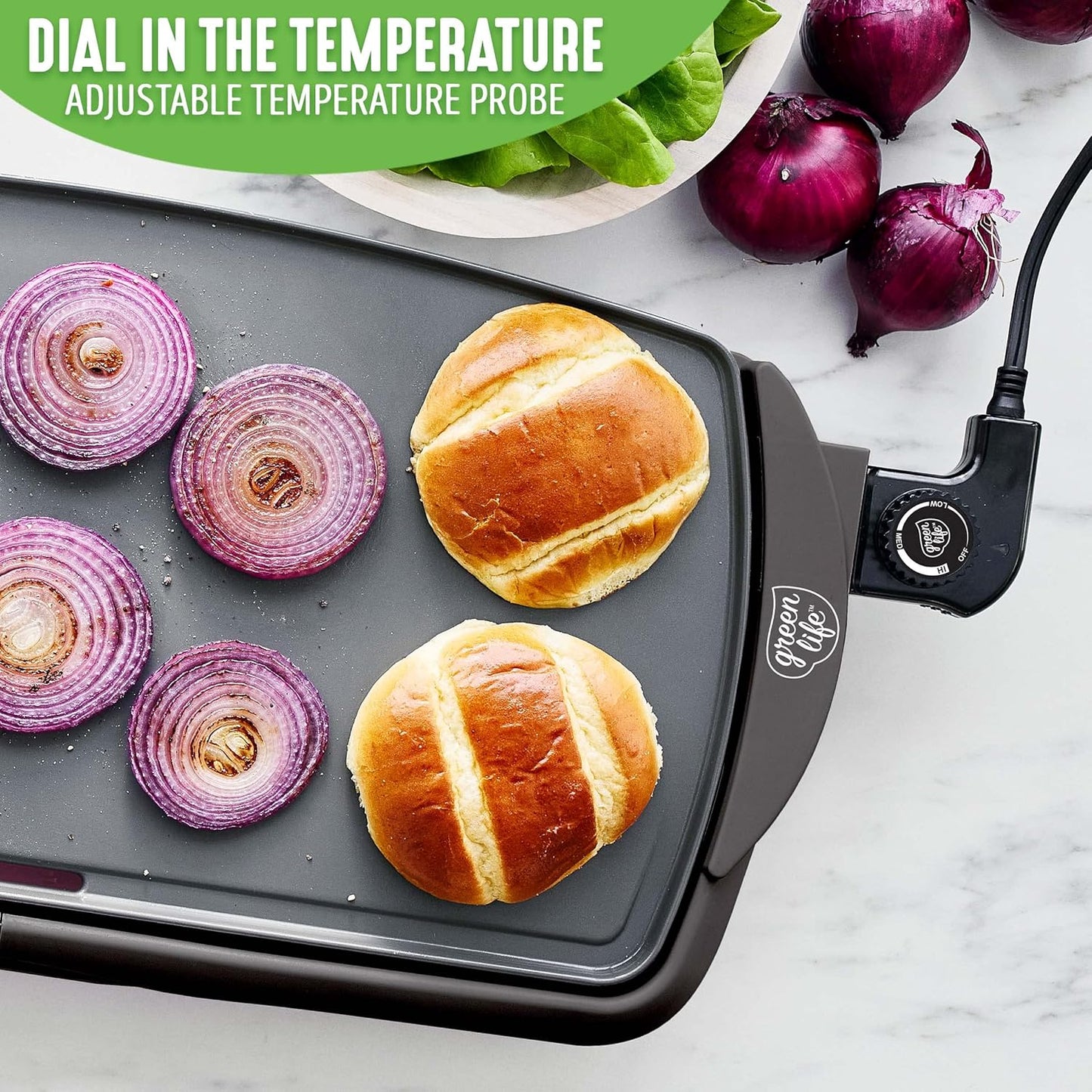 GreenLife 20” Extra Large Electric Griddle, Non-Toxic PFAS & PFOA-Free Ceramic Nonstick, Temperature Control, Quick Even Heating, Removable Drip Tray, Pancakes, Eggs, Sausage, Easy Clean, Black