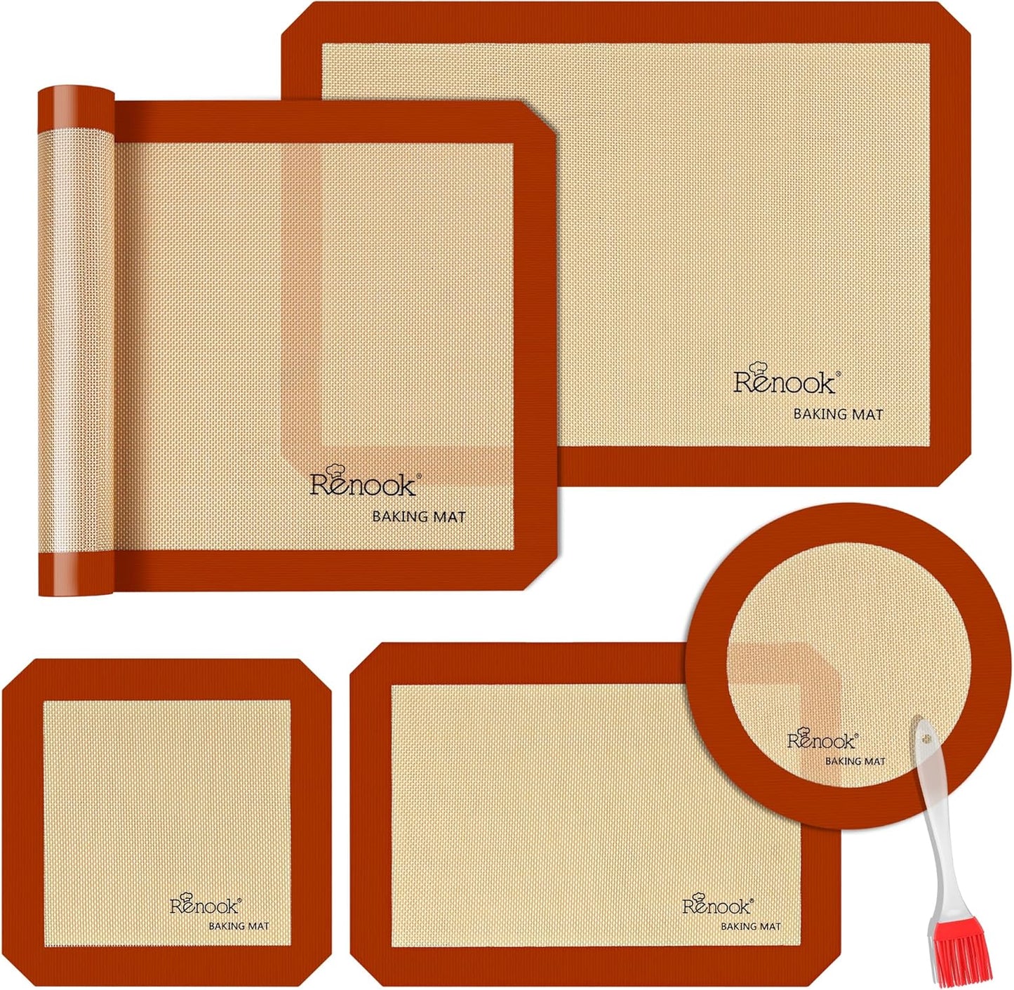 Silicone Baking Mat Set of 5, Grade Food Non-Stick Reusable Baking Mat, Slip Oven Liner Sheet, Round & Square Cake Pan Mat & Silicone Brush for Macaron, Pastry, Cookie