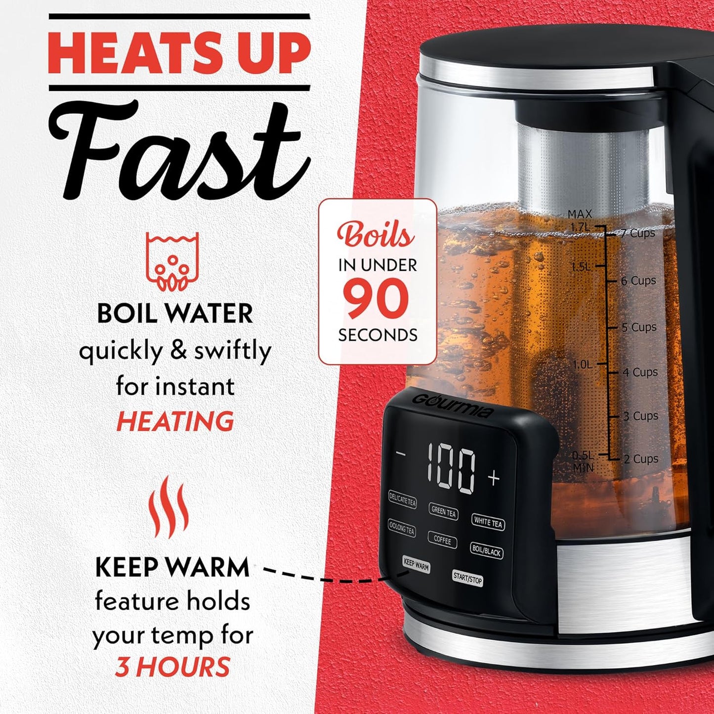 Gourmia Electric Programmable Glass Kettle – 1.7L Temperature Control Tea & Coffee Kettle with Digital Touch Display, 6 Presets, Keep Warm, Removable Stainless Steel Infuser, 360° Swivel Base – White