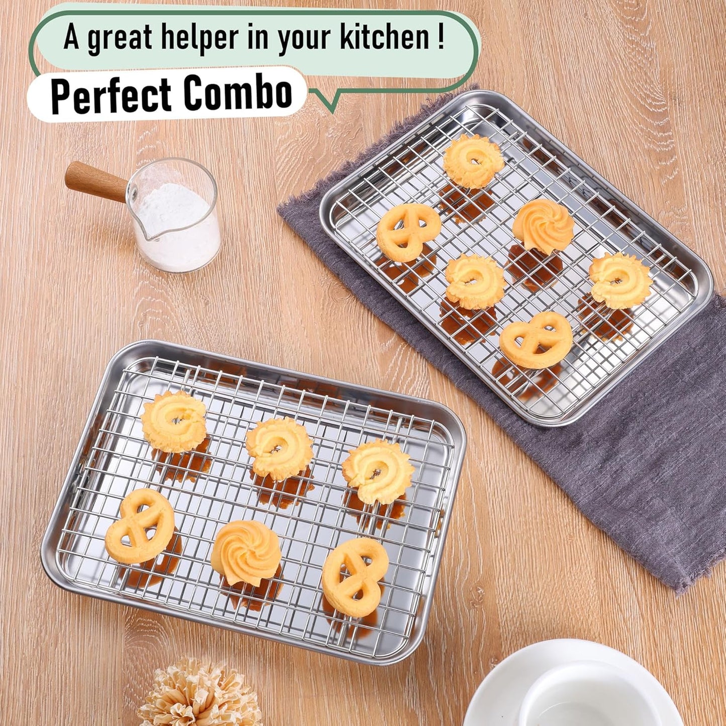 Toaster Oven Pan with Rack Set (2 Small Baking Sheets+2 Grill Racks), 9 x 7 Inch Stainless Steel Small Cookie Sheets Bacon Tray with Grid Cooling Racks for Baking Roasting Grilling, Dishwasher Safe