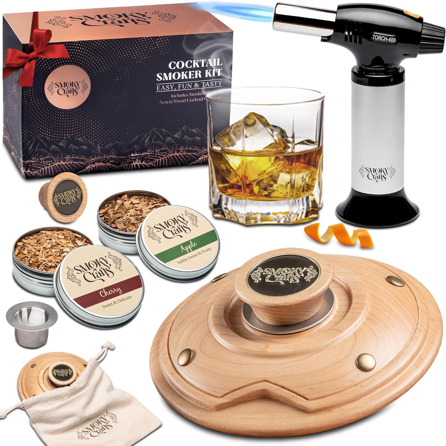 Cocktail Smoker Kit with Torch - Whiskey Smoker Kit comes with Saturn-Shaped Smoke Infuser, Culinary Torch, Cotton Bag and Wood Chips (Apple & Cherry) - Gifts for Men (Without Butane)