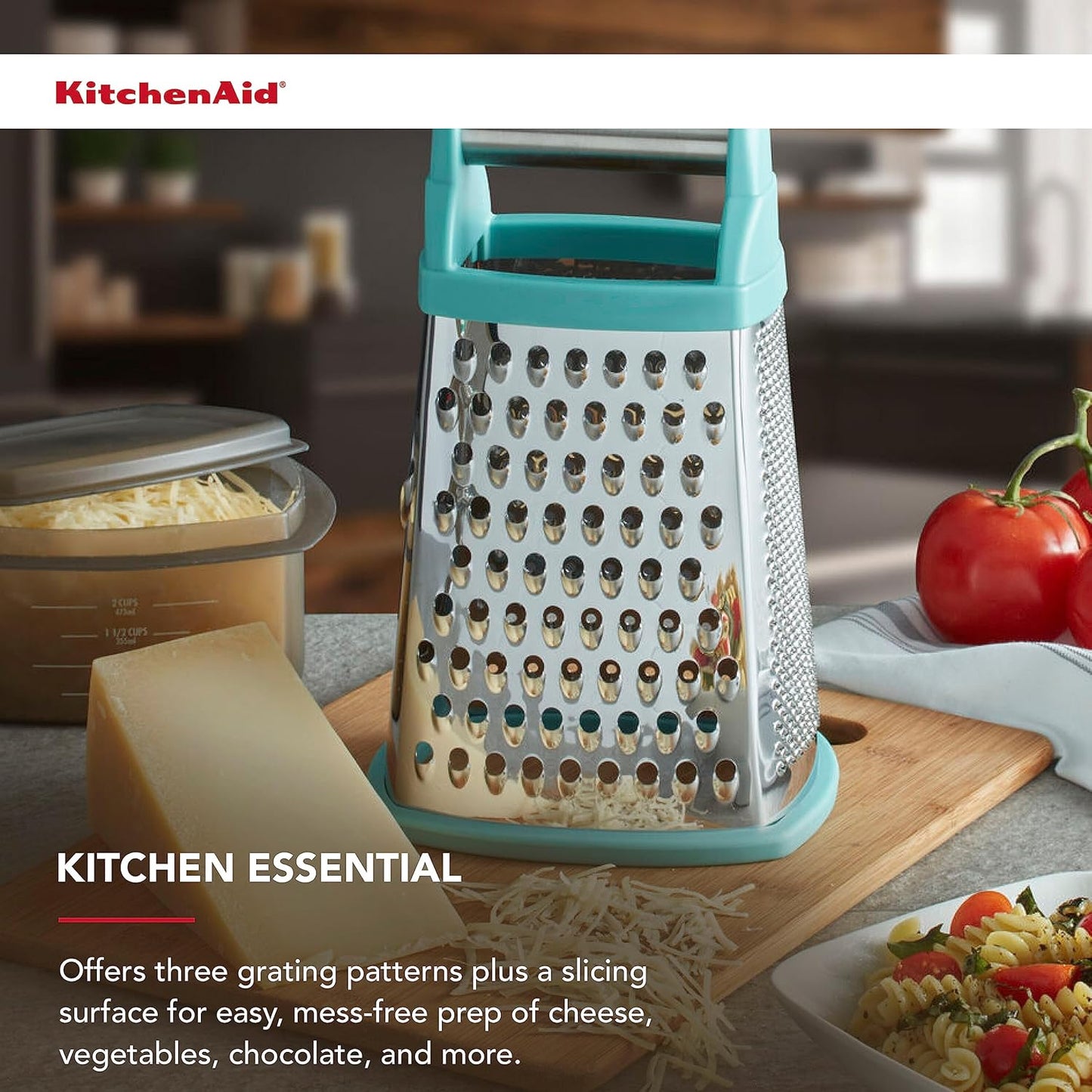 KitchenAid Gourmet 4-Sided Stainless Steel Box Grater for Fine, Medium and Coarse Grate, and Slicing, Detachable 3 Cup Storage Container and Measurment Markings, Dishwasher Safe, 10 inches tall, Aqua