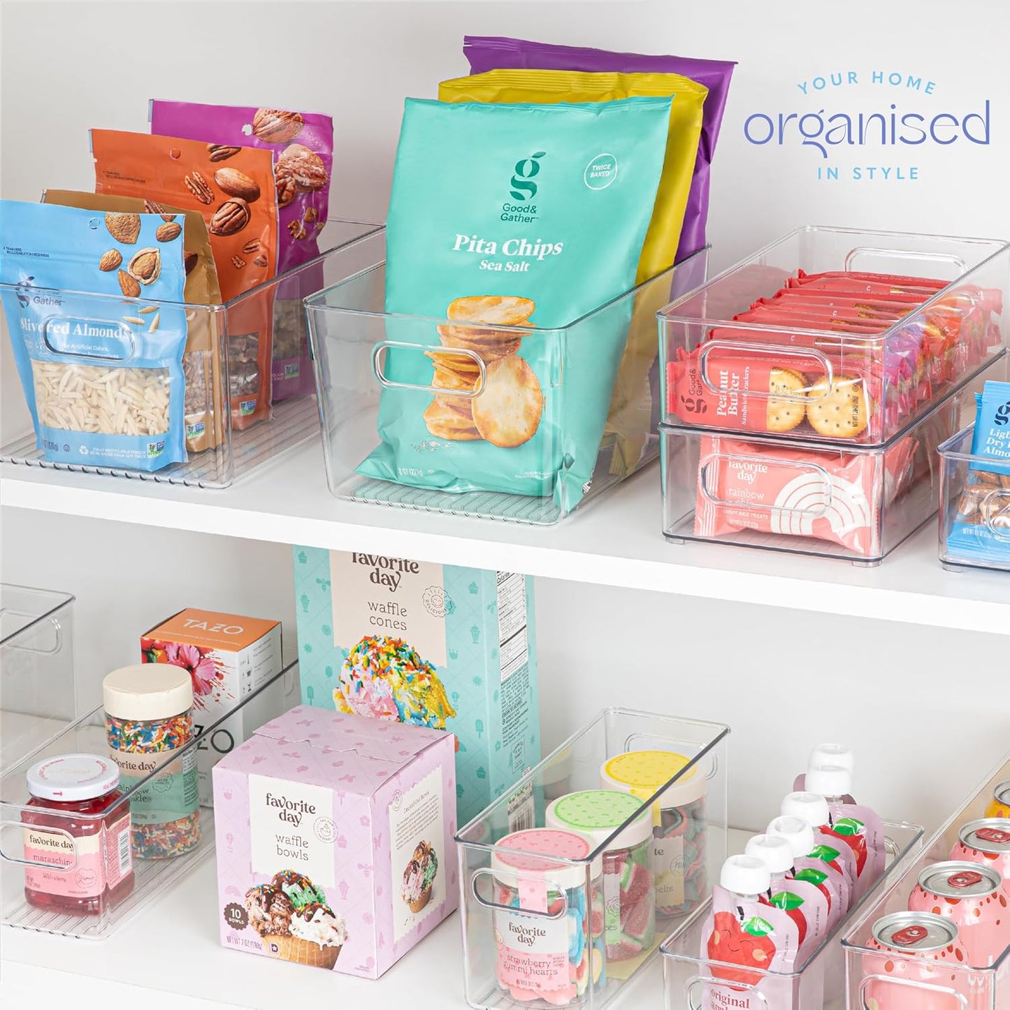 6 pack Clear Plastic Storage Container Bin with Integrated Easy Grip Handles. For Kitchen, Fridge, Freezer, Cabinet, Pantry, Bathroom Organization. 10"x4"x5"