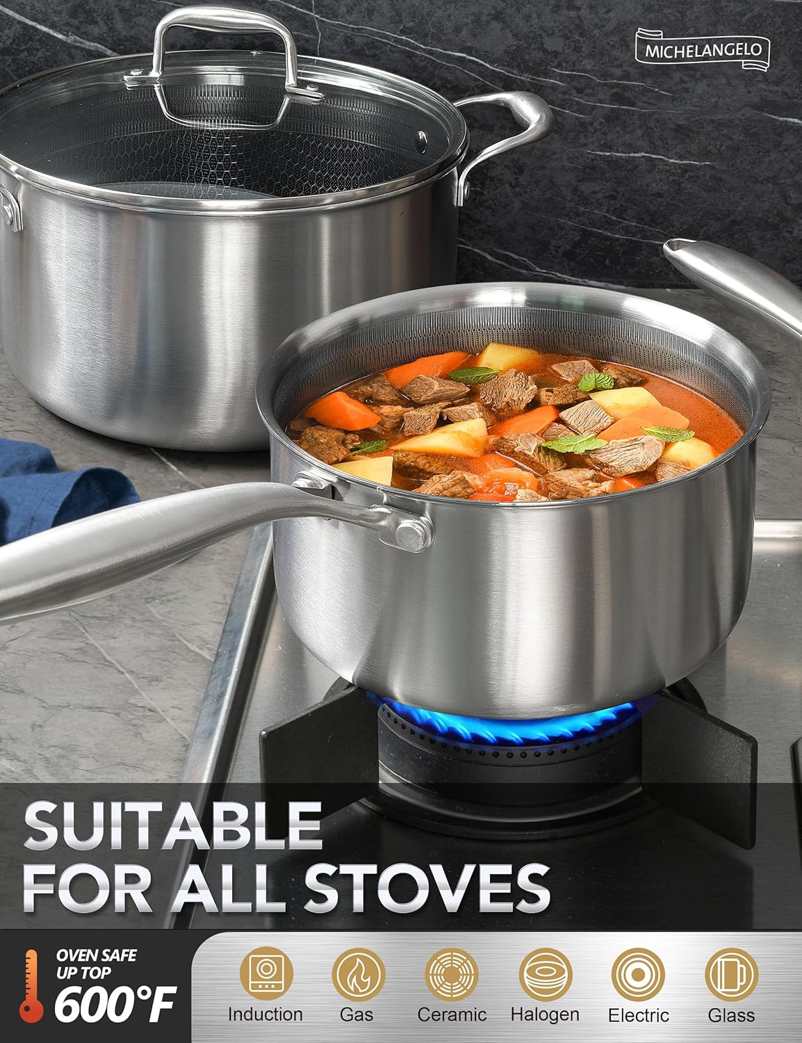 MICHELANGELO 6 Pcs Tri-ply Stainless Steel Pot Set, 2QT & 3QT & 8QT Pot with Lids, Nonstick HoneyComb Interior Cooking Pot Set, Compatible with All Cooktops, Oven & Dishwasher Safe