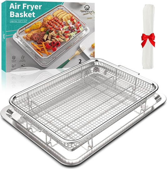 Air Fryer Basket for Oven, OPENICE 15.6" x 11.6" Large Air Fryer Tray and Pan with 30PCS Parchment Papers, Stainless Steel Oven Air Fryer Basket and Tray for Baking Grilling