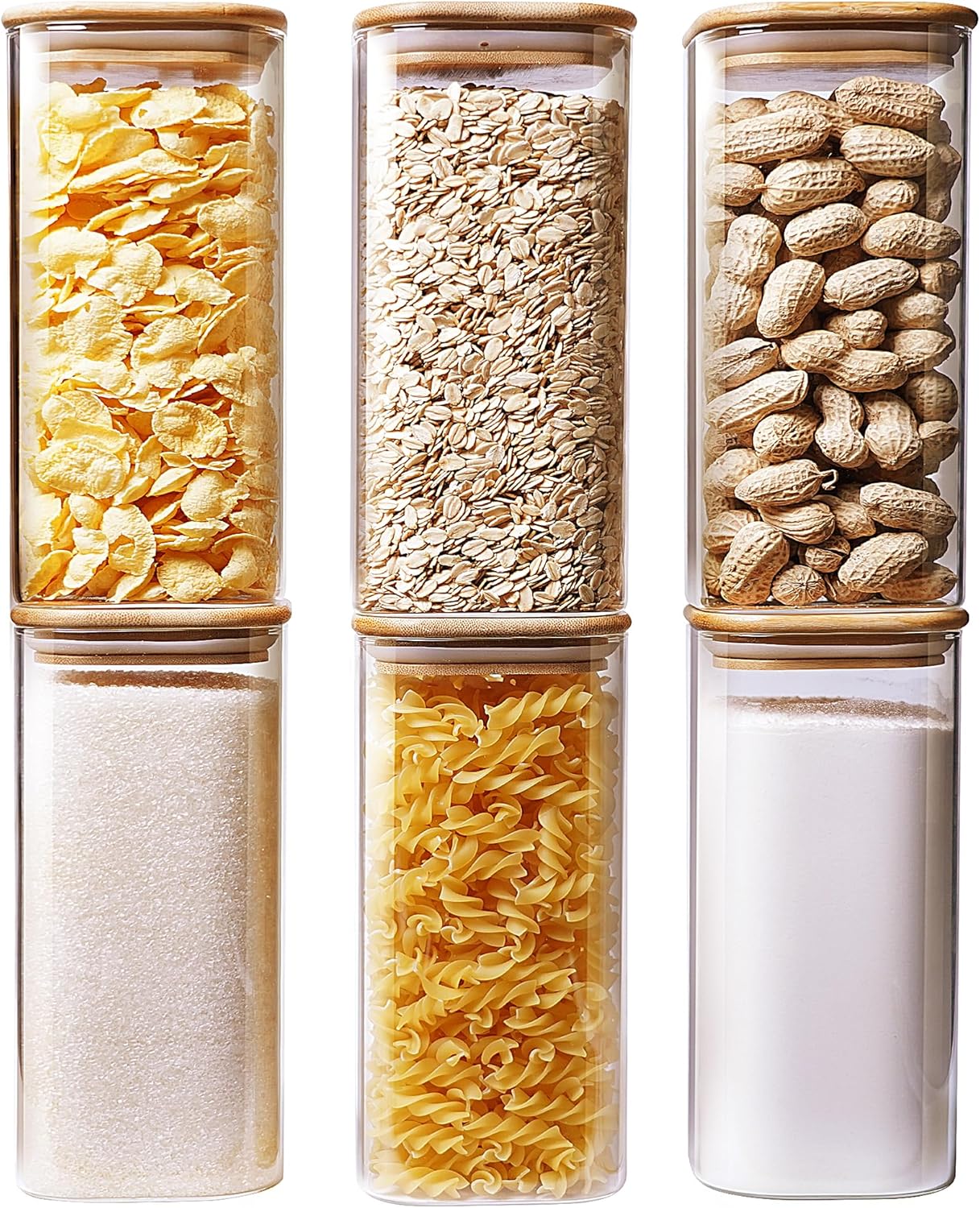 Square Glass Jars with Bamboo Lids 30 FL OZ [Set of 6], Glass Canisters with Airtight Lid, Glass Food Storage Container for Pasta, Flour, Sugar, Rice, Best for Kitchen & Pantry