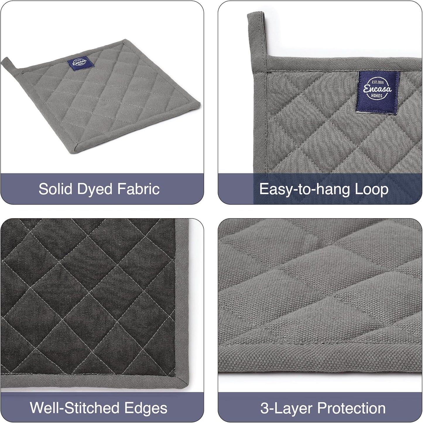 Encasa XO Heat Resistant Cotton Pot Holders with Hanging Loop - Set of 2 - Grey - Multipurpose Quilted Everyday Hot Pad for Kitchen, Camping, BBQ & Microwave - 8x8 in
