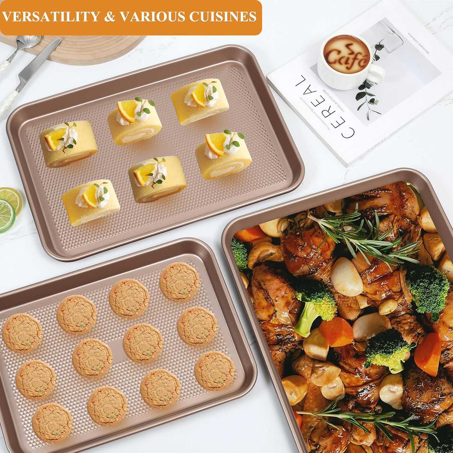 SS&CC Nonstick Baking Sheet Pan Set of 3, 0.8mm Carbon Steel Cookie Sheets for Oven - Half/Quarter/Jelly Roll Pans with Diamond Texture, PFOA-Free & Oven Safe (17.5x12, 15.5x10.2, 13.5x9.5 Inch)