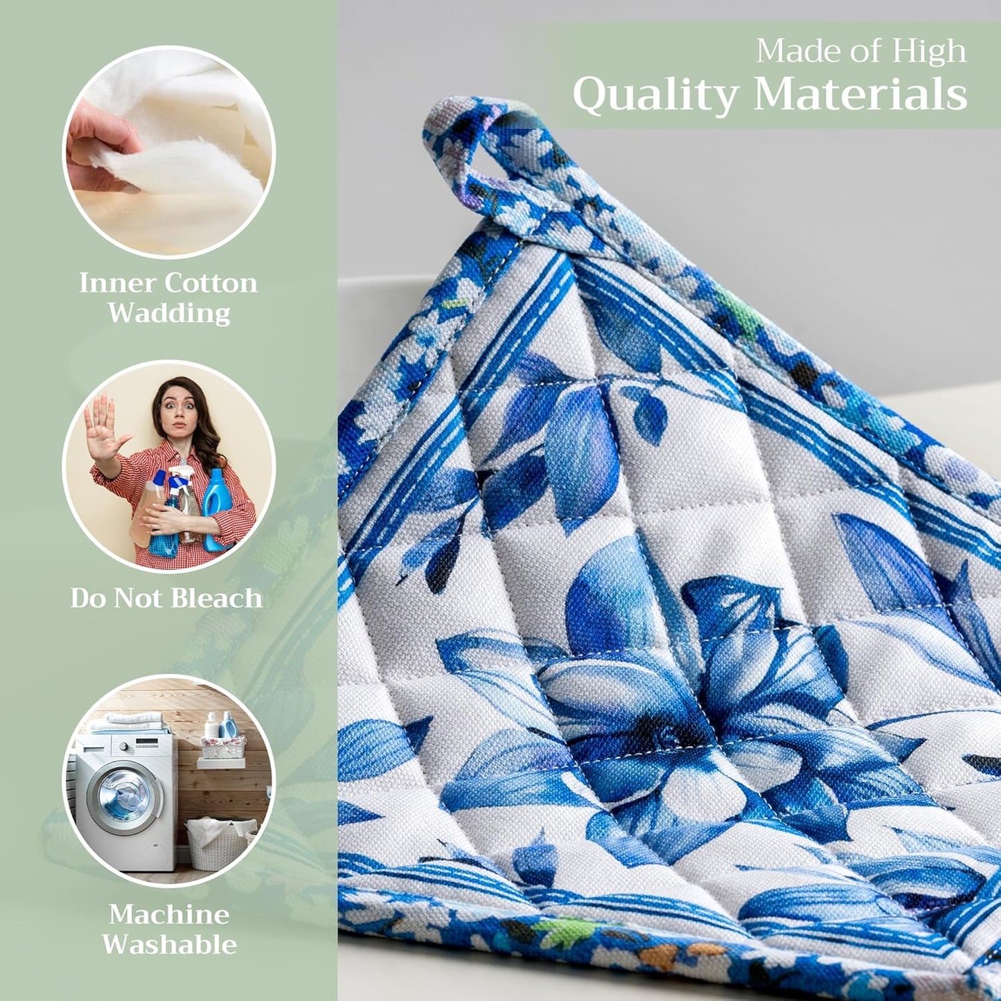 Maison d' Hermine Pot Holders Set 100% Cotton Heat Resistant Potholders 8" x 8" Hot Pads with Loop BBQ, Cooking, Baking, Grilling, Kitchen, Handling Hot Pans Spring/Summer (Pack of 2, Summer Blues)