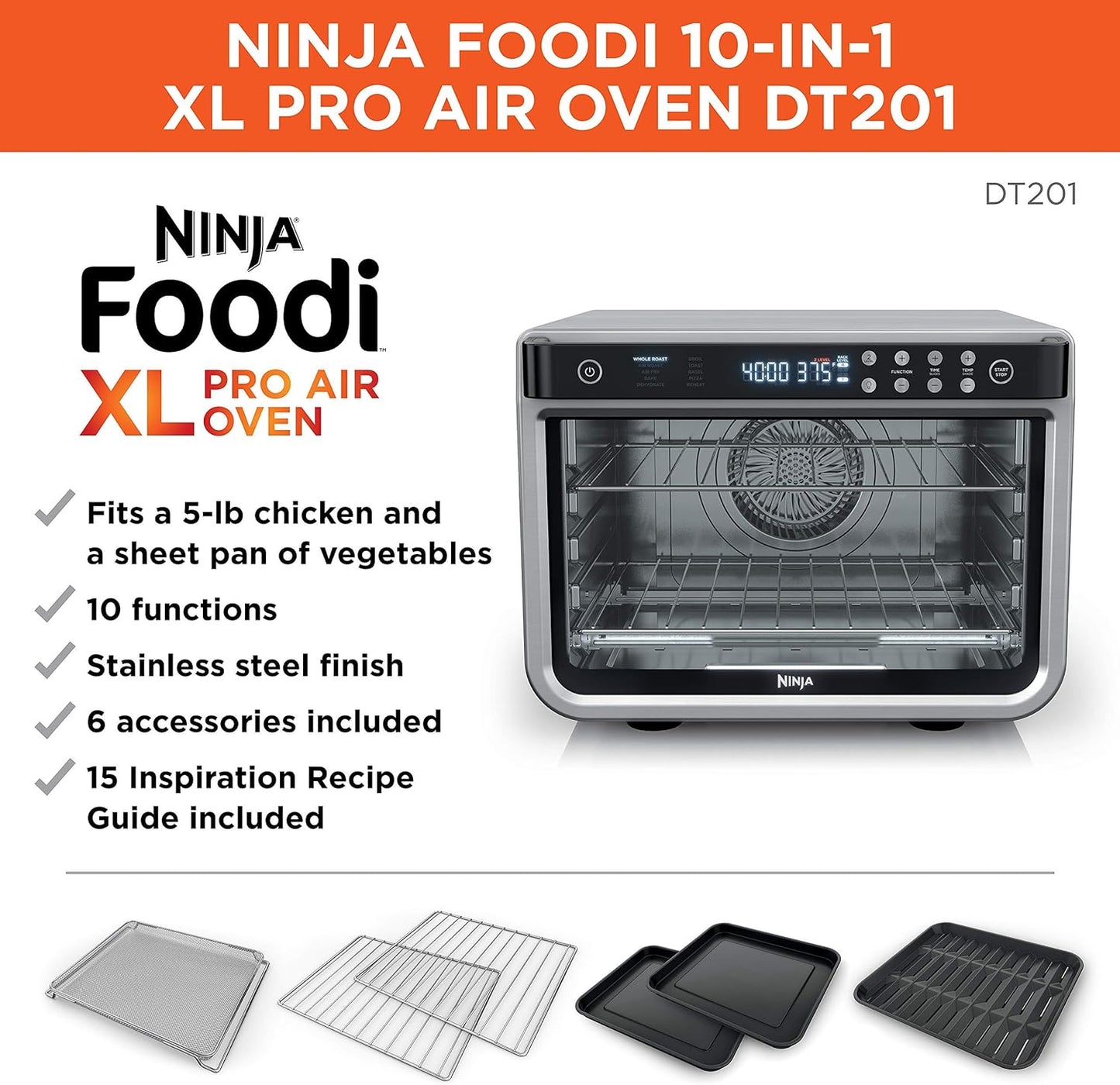 NINJA DT201 Foodi 10-in-1 XL Pro Air Fry Digital Countertop Convection Toaster Oven with Dehydrate and Reheat, 1800 Watts, Stainless Steel Finish (Renewed)