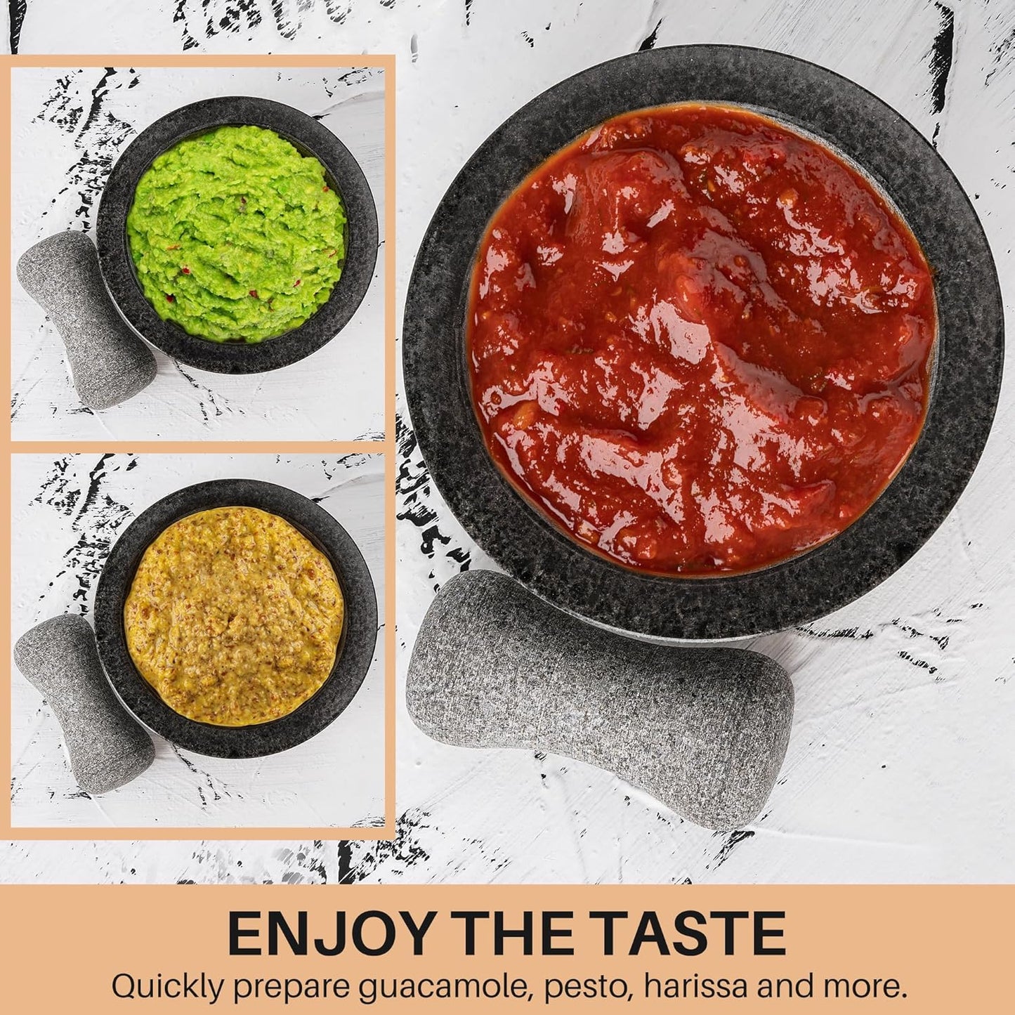 Tortillada – 6-inch Mortar and Pestle Set Large Made of Natural Granite with Anti-Scratch Wood Base Granite Spice Herb Grinder Pill Crusher with 50 Recipes, Black