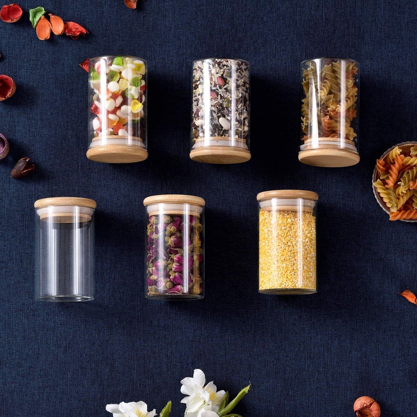 Glass Jars with Bamboo Wooden Airtight Lids 6oz 10oz Spice Jars Food Storage Containers for Home Kitchen, Tea, Salt, Pepper, Spices, Coffee, Herbs, Grains (10 OZ, 6 PCS)