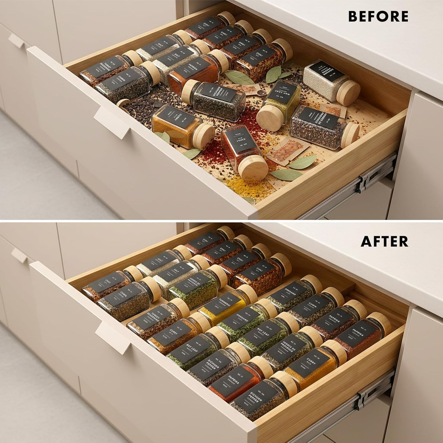 Bamboo Spice Drawer Organizer - Expandable 4 Tier Spice Rack (Need 3" Deep Drawer) 12" to 24" Wide, Seasoning Organizer, Organization Seasoning Rack insert (Jars Not Included)