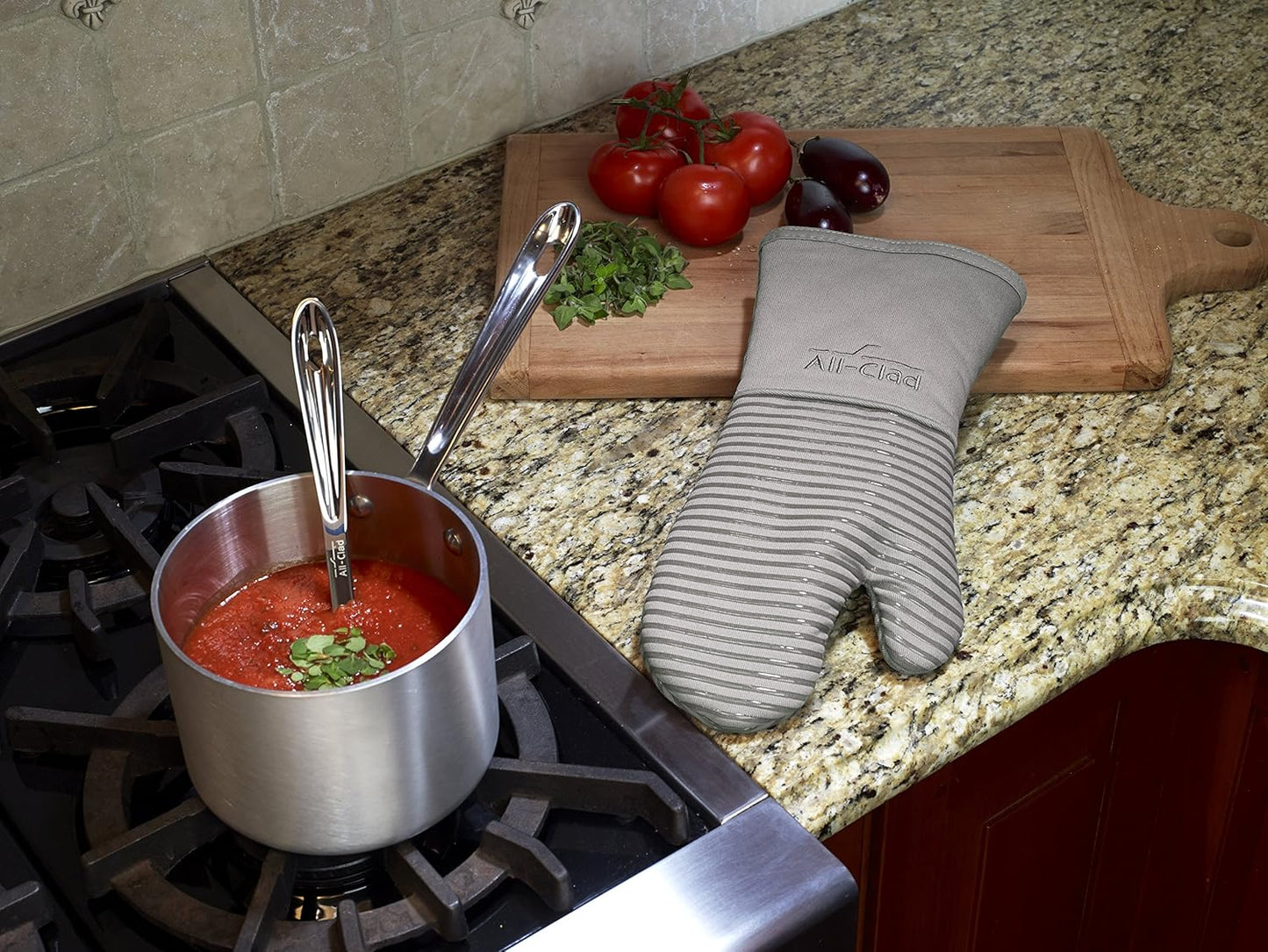 All-Clad Premium Silicone Oven Mitt: Heat Resistant to 500 Degrees - 100% Cotton & Silicone, 14"x7" Pot Holder for Kitchen and Barbeque, (1-Pack), Titanium Gray