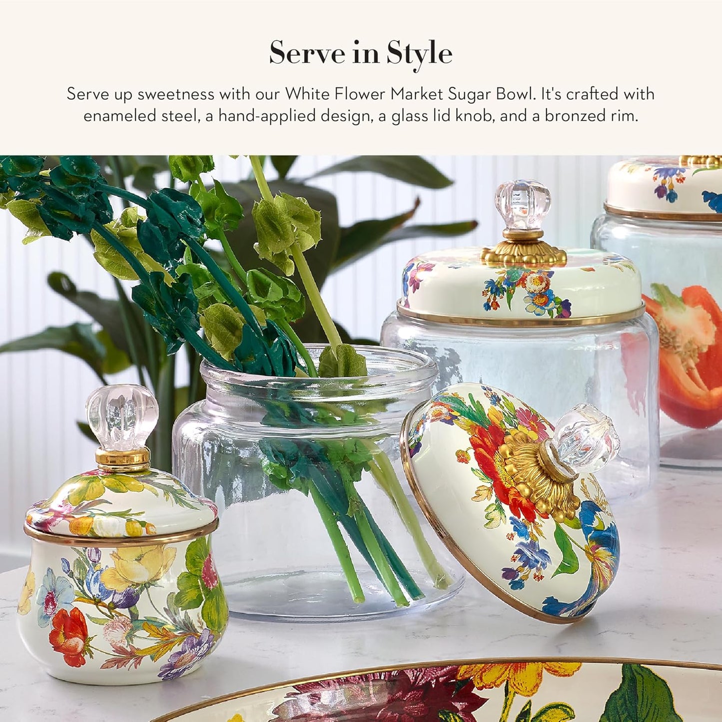 MACKENZIE-CHILDS Enamel Lidded Sugar Bowl, Small Serving Bowl with Lid, 10-Ounce Capacity, White Flower Market