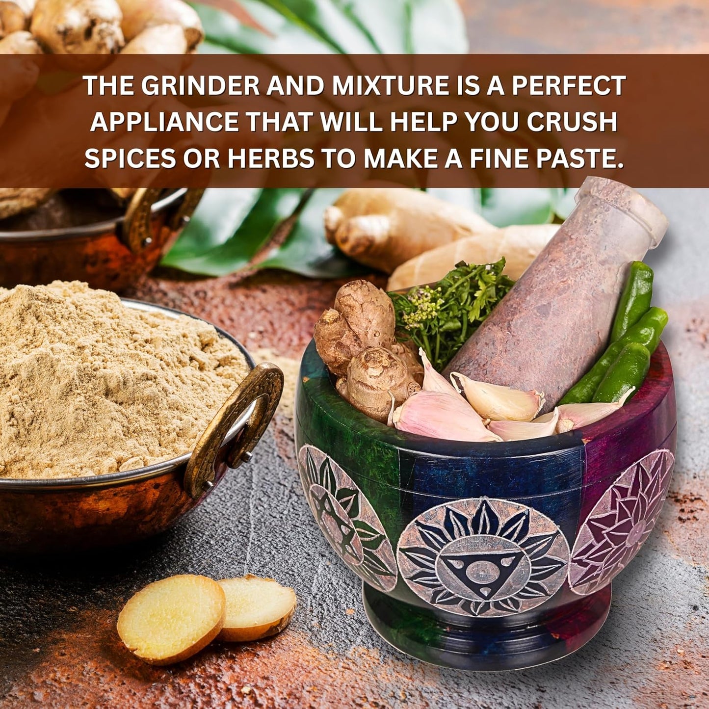 Mortar and Pestle, Made of Heavy Duty Polished Hard Stone, Natural Stone Grinder for Spices, Pastes, Herbs, Seasoning etc. (Rainbow)