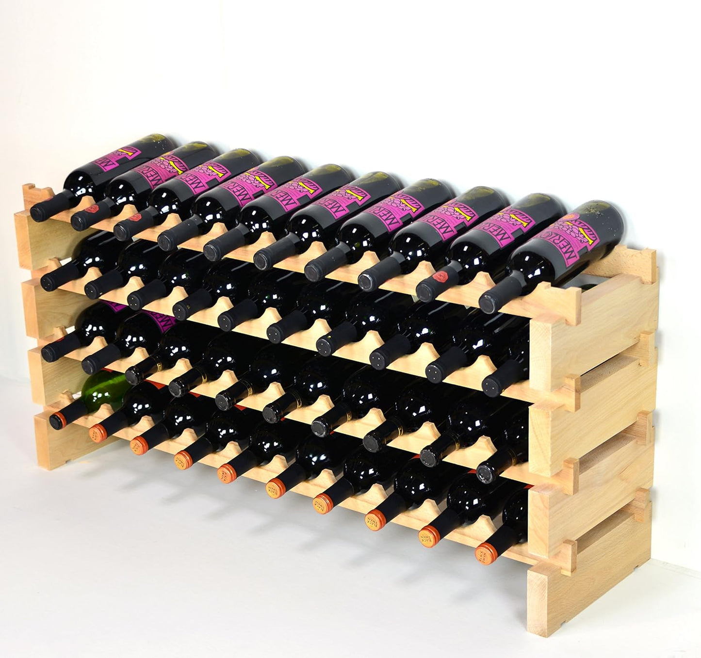 sfDisplay.com,LLC. Modular Wine Rack Beechwood 40-120 Bottle Capacity 10 Bottles Across up to 12 Rows Newest Improved Model (40 Bottles - 4 Rows)