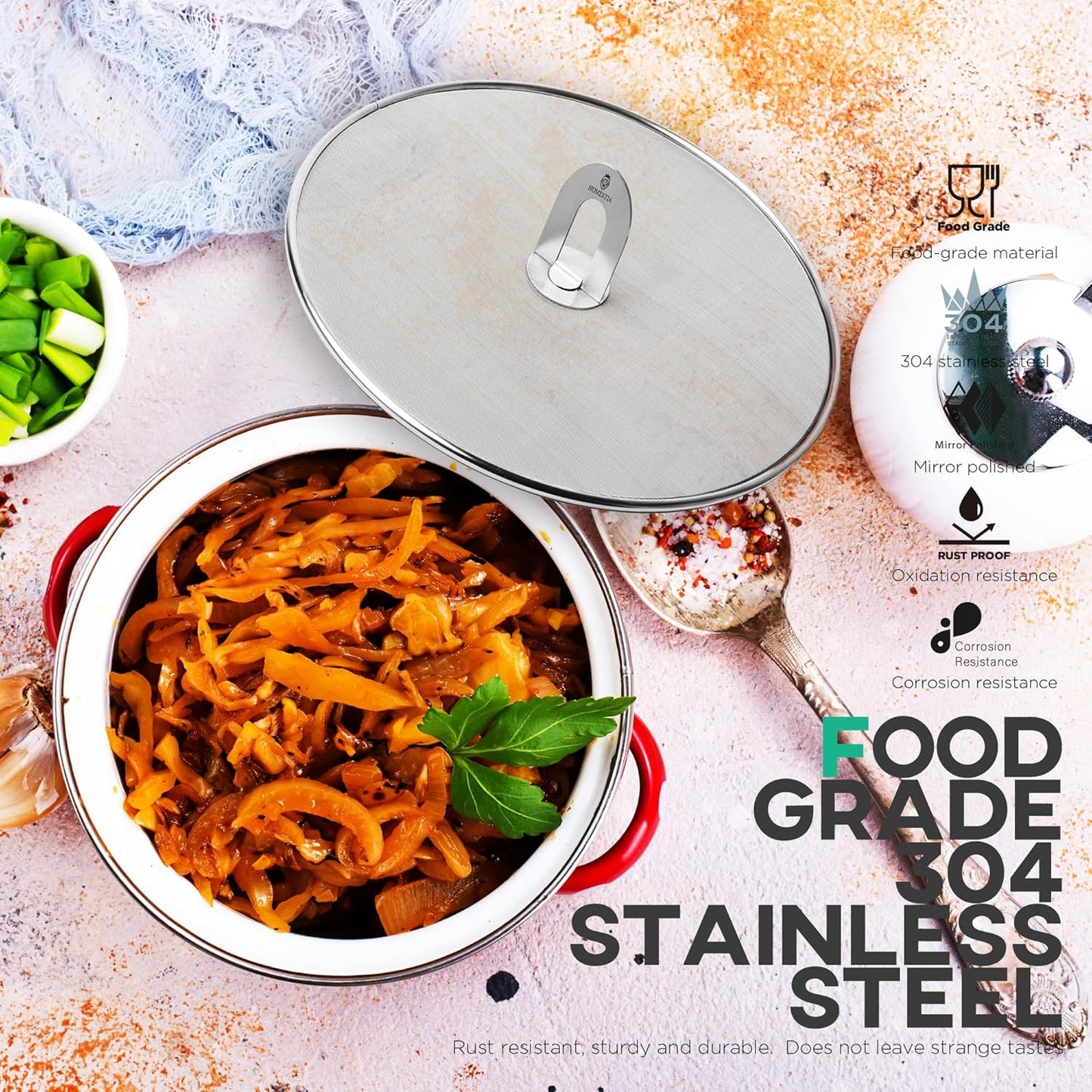 Homestia Splatter Screen for Kitchen, 304 Stainless Steel Fine Mesh Splatter Screen for Frying Pan, 13” Grease Splatter Guard with Fold Flat Knob