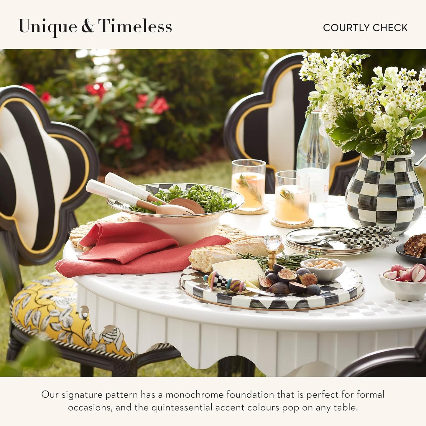 MACKENZIE-CHILDS Enamel Salad Serving Set, Enamel Bowl and Wooden Salad Servers, Decorative Kitchen Set, Black-and-White Courtly Check