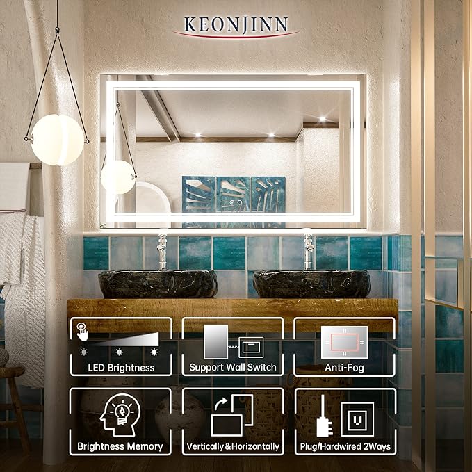 Keonjinn 48 x 28 Inch LED Bathroom Mirror IP54, Tempered
