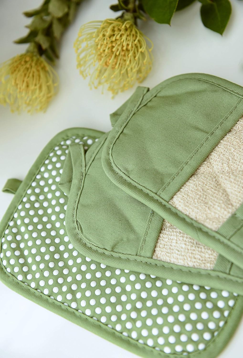 Ritz Premium Pot Holders & Heating Pads (4-Pack), 8.5" x 5.5", Heat Resistant, 100% Cotton Terry-Looped Pocket, for Kitchen and Barbeque, Cactus Green