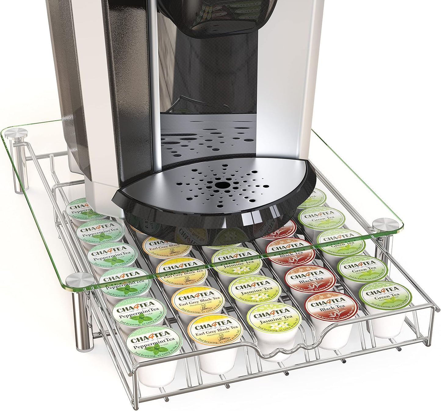 Deco Brothers Crystal Tempered Glass K-Cup Holder Drawer for 30 Coffee Pods Storage, Chrome