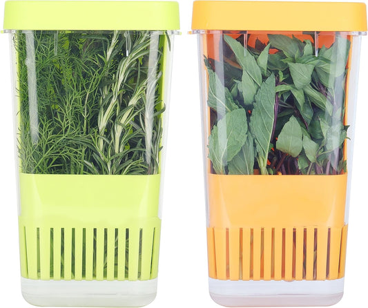 Fresh Herb Keeper for Refrigerator, Clear BPA-Free Herb Saver, Storage Container for Cilantro, Parsley, Thyme, Mint & Asparagus, Preserver Keeps Fresh Herbs for 3 Times Longer, Green & Orange