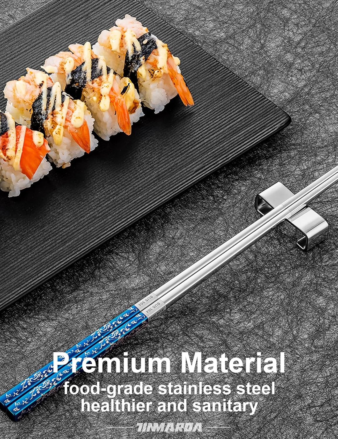 Metal Chopsticks Reusable, 3 Pairs Non-Slip Chop Sticks Reusable Dishwasher Safe, Titanium Plated Stainless Steel Chopsticks Present Set (Blue Silver)