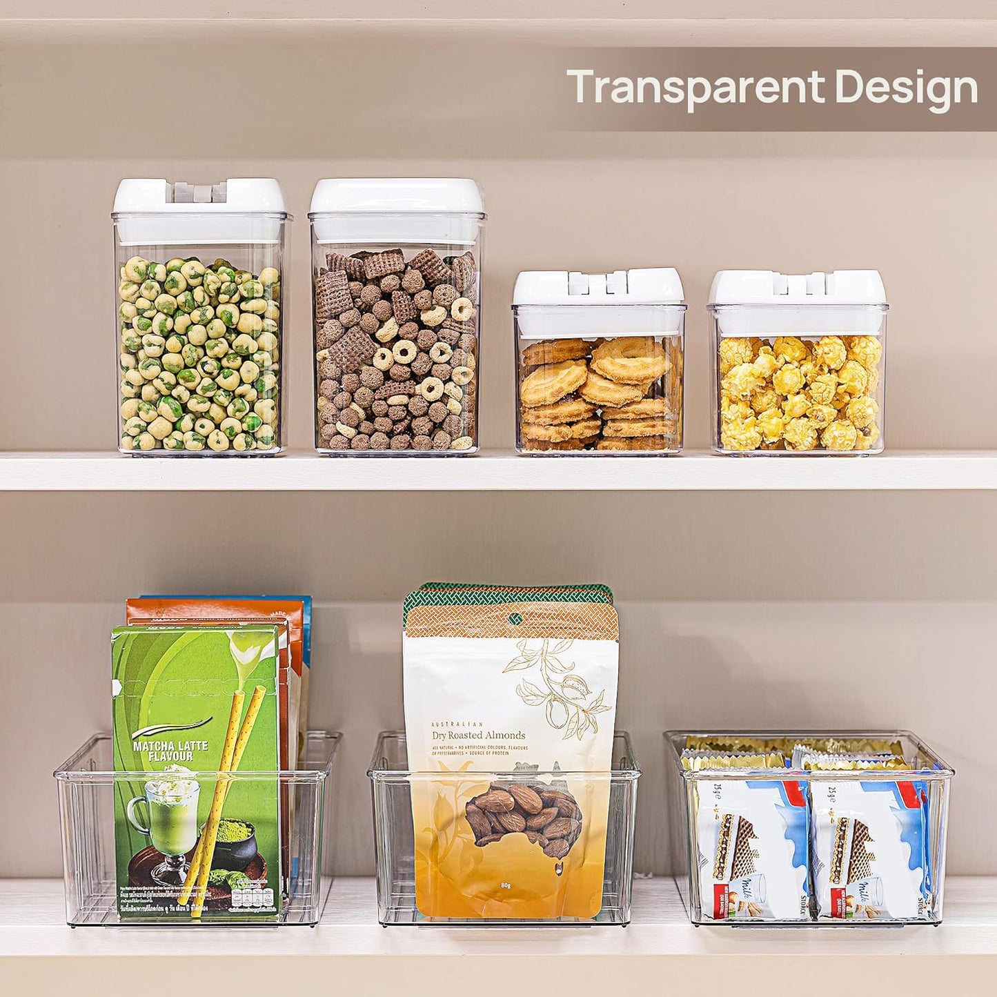 Vtopmart 4 Pack Food Storage Organizer Bins, Clear Plastic Bins for Pantry, Kitchen, Fridge, Cabinet Organization and Storage, 4 Compartment Holder Packets, Snacks, Pouches, Spice Packets